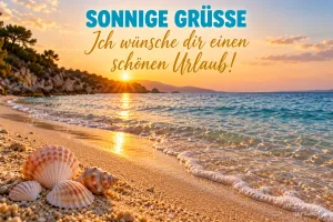 Muscheln liegen am Strand im Sonnenuntergang unter dem Gruß "Ich wünsche dir einen schönen Urlaub!".