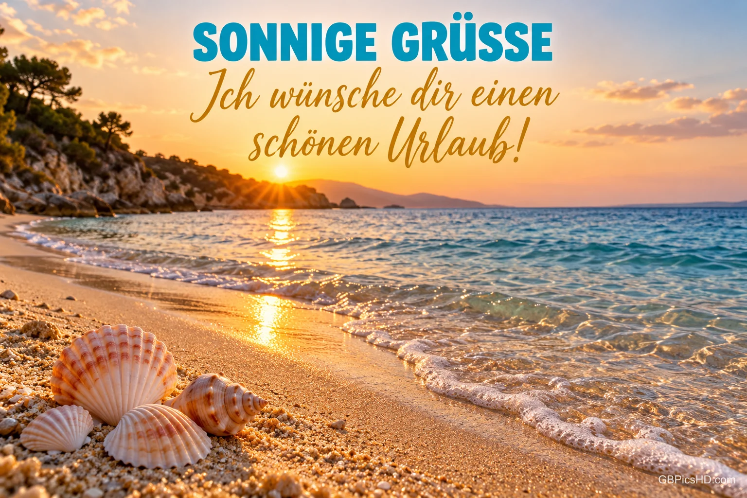 Muscheln liegen am Strand im Sonnenuntergang unter dem Gruß "Ich wünsche dir einen schönen Urlaub!".