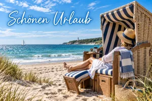 Eine Frau mit Sonnenhut entspannt im gestreiften Strandkorb am Meer unter dem Gruß "Schönen Urlaub".
