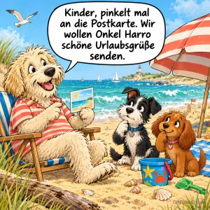 Ein großer Hund hält eine Postkarte vor zwei kleinen Hunden am Strand; die Sprechblase sagt "Kinder, pinkelt mal an die Postkarte.".