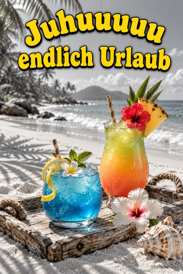Zwei bunte Cocktails mit Blüten und Früchten stehen auf einem Holztablett am Strand unter "Juhuuuuu endlich Urlaub".