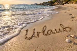"Urlaub" ist neben Muscheln in den Sand geschrieben, während sanfte Wellen im Abendlicht an den Strand rollen.