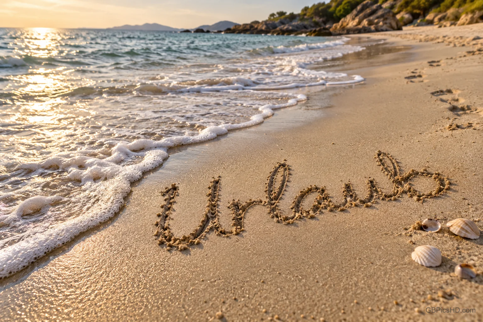 "Urlaub" ist neben Muscheln in den Sand geschrieben, während sanfte Wellen im Abendlicht an den Strand rollen.