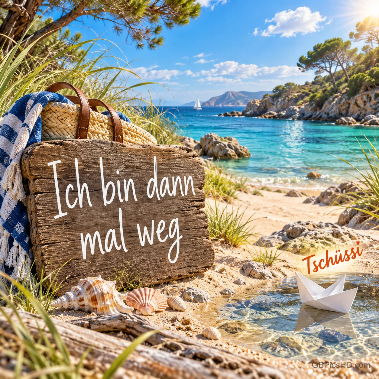 Ein Holzschild am türkisblauen Meer trägt "Ich bin dann mal weg", neben einem Papierboot steht "Tschüss".