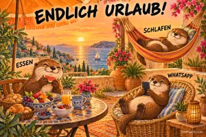 Drei Otter essen, schlafen und nutzen ein Handy auf einer Terrasse am Meer: "ENDLICH URLAUB! SCHLAFEN ESSEN WHATSAPP".
