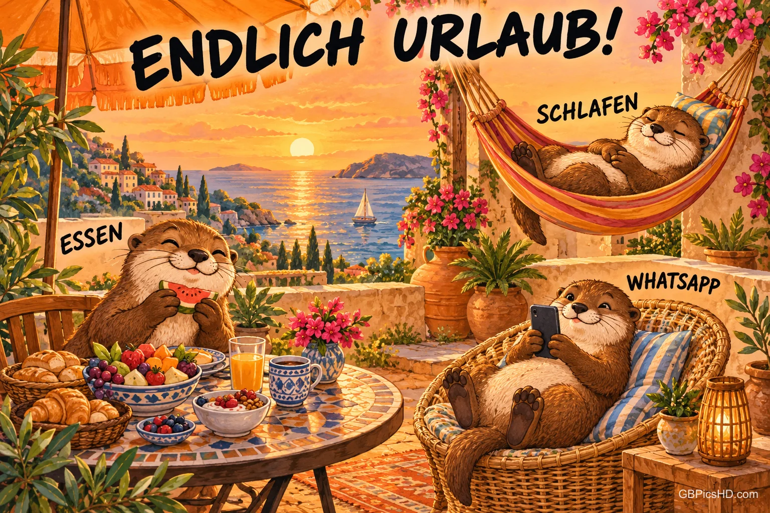 Drei Otter essen, schlafen und nutzen ein Handy auf einer Terrasse am Meer: "ENDLICH URLAUB! SCHLAFEN ESSEN WHATSAPP".