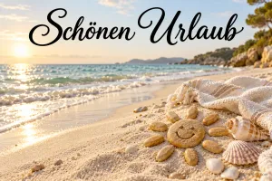 Ein lächelndes Sonnengesicht aus Sand, Muscheln und ein Handtuch liegen am Strand unter dem Gruß "Schönen Urlaub".