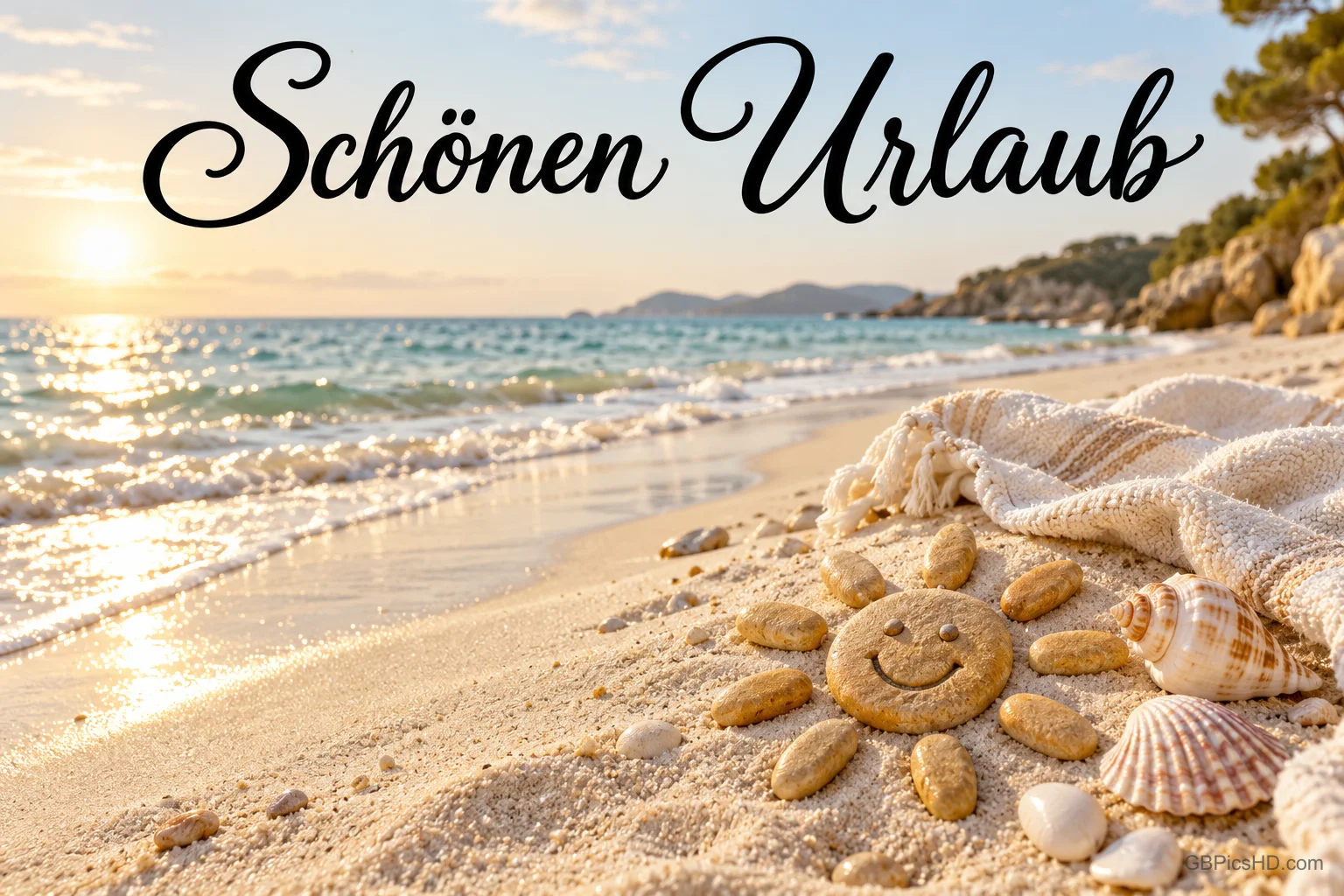 Ein lächelndes Sonnengesicht aus Sand, Muscheln und ein Handtuch liegen am Strand unter dem Gruß "Schönen Urlaub".