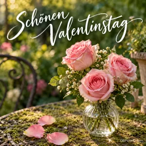 Ein Strauß rosa Rosen in einer Glasvase auf einem moosigen Gartentisch im Abendlicht, darüber der Schriftzug "Schönen Valentinstag" in eleganter Handschrift.