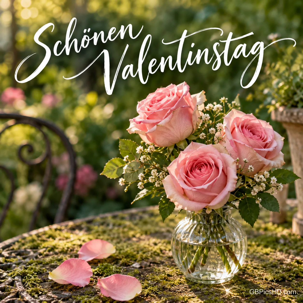 Ein Strauß rosa Rosen in einer Glasvase auf einem moosigen Gartentisch im Abendlicht, darüber der Schriftzug "Schönen Valentinstag" in eleganter Handschrift. Ein Strauß rosa Rosen in einer Glasvase auf einem moosigen Gartentisch im Abendlicht, darüber der Schriftzug "Schönen Valentinstag" in eleganter Handschrift.