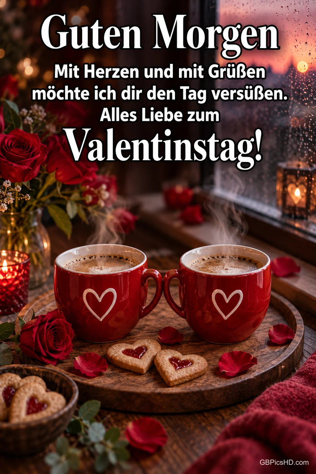 Zwei rote Tassen mit Herzmotiv und dampfendem Kaffee auf einem Holztablett mit Herzkeksen am regnerischen Fenster, dazu ein Guten-Morgen-Gruß zum Valentinstag. Zwei rote Tassen mit Herzmotiv und dampfendem Kaffee auf einem Holztablett mit Herzkeksen am regnerischen Fenster, dazu ein Guten-Morgen-Gruß zum Valentinstag.