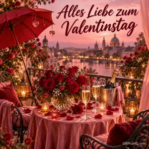 Gedeckter Tisch mit roten Rosen, Sekt und Kerzen auf einem Balkon über der beleuchteten Stadt, daneben ein roter Schirm und der Gruß "Alles Liebe zum Valentinstag".