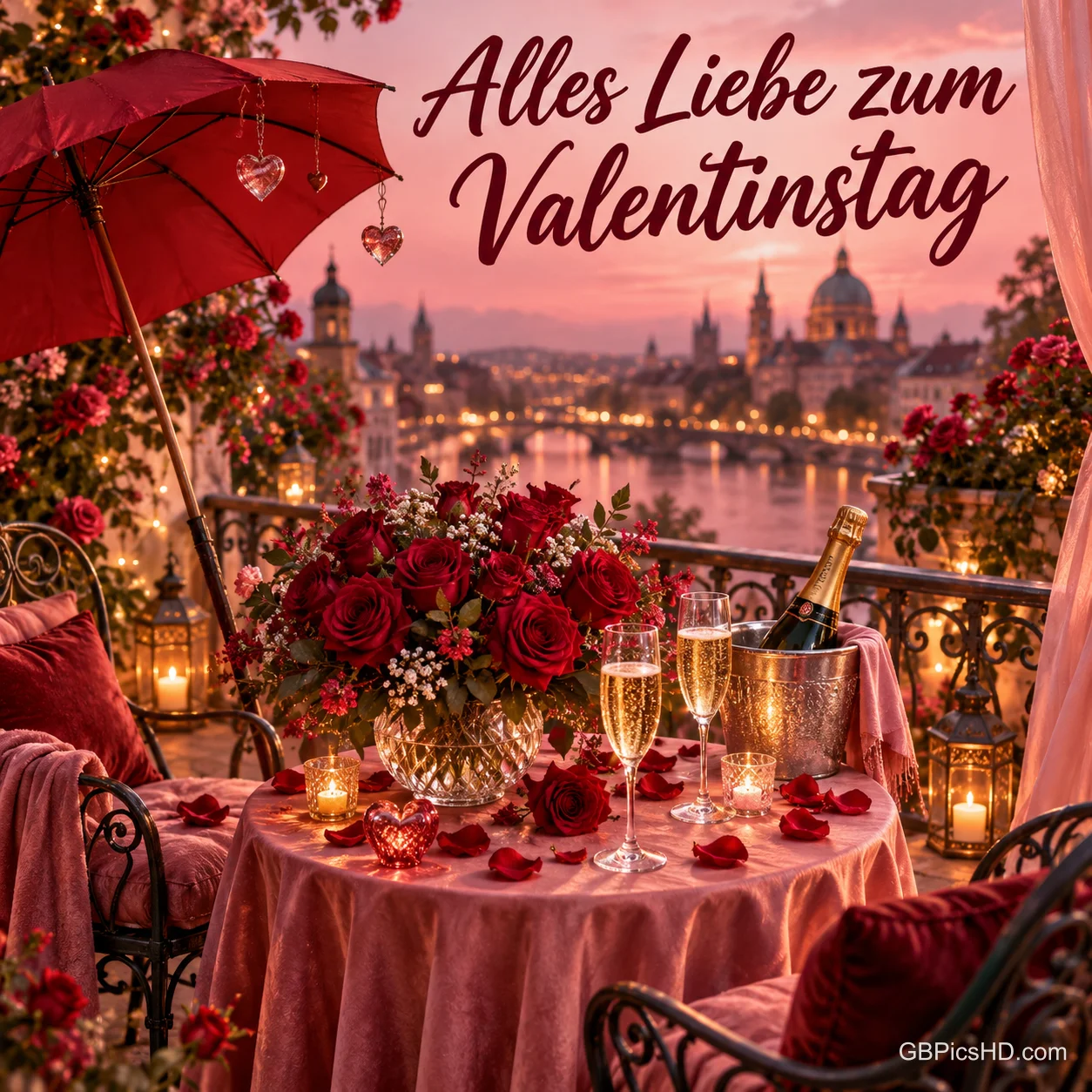 Gedeckter Tisch mit roten Rosen, Sekt und Kerzen auf einem Balkon über der beleuchteten Stadt, daneben ein roter Schirm und der Gruß "Alles Liebe zum Valentinstag". Gedeckter Tisch mit roten Rosen, Sekt und Kerzen auf einem Balkon über der beleuchteten Stadt, daneben ein roter Schirm und der Gruß "Alles Liebe zum Valentinstag".