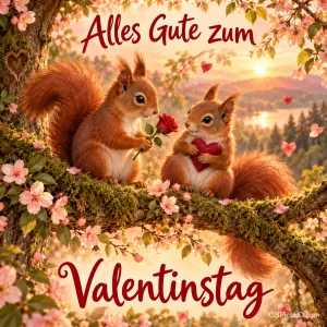 Zwei Eichhörnchen sitzen auf einem blühenden Ast, eines überreicht eine rote Rose, das andere hält ein Herz, dazu "Alles Gute zum Valentinstag".
