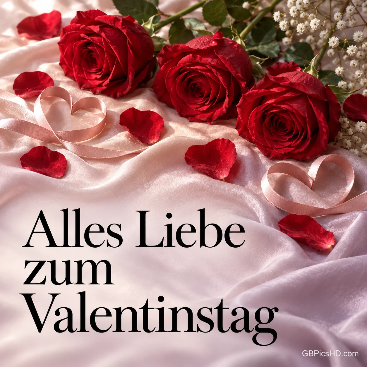 Rote Rosen, Rosenblätter und ein herzförmiges Band liegen auf glänzendem rosa Satin, unten steht in klarer Schrift "Alles Liebe zum Valentinstag". Rote Rosen, Rosenblätter und ein herzförmiges Band liegen auf glänzendem rosa Satin, unten steht in klarer Schrift "Alles Liebe zum Valentinstag".