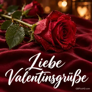 Eine rote Rose mit Tautropfen liegt auf dunkelrotem Samt im warmen Kerzenschein, darunter der geschwungene Schriftzug "Liebe Valentinsgrüße".