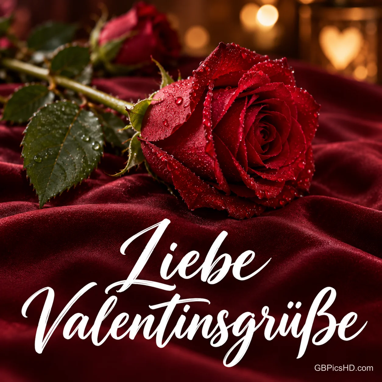 Eine rote Rose mit Tautropfen liegt auf dunkelrotem Samt im warmen Kerzenschein, darunter der geschwungene Schriftzug "Liebe Valentinsgrüße". Eine rote Rose mit Tautropfen liegt auf dunkelrotem Samt im warmen Kerzenschein, darunter der geschwungene Schriftzug "Liebe Valentinsgrüße".