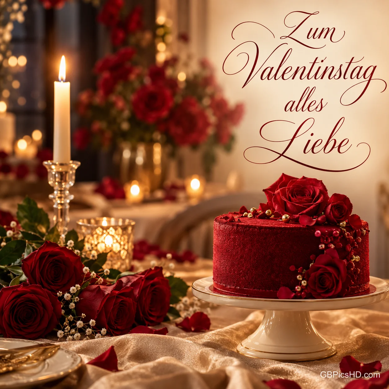 Festlich gedeckter Tisch mit roter Torte, Rosen und brennenden Kerzen, oben rechts der Gruß "Zum Valentinstag alles Liebe" in feiner Schreibschrift. Festlich gedeckter Tisch mit roter Torte, Rosen und brennenden Kerzen, oben rechts der Gruß "Zum Valentinstag alles Liebe" in feiner Schreibschrift.