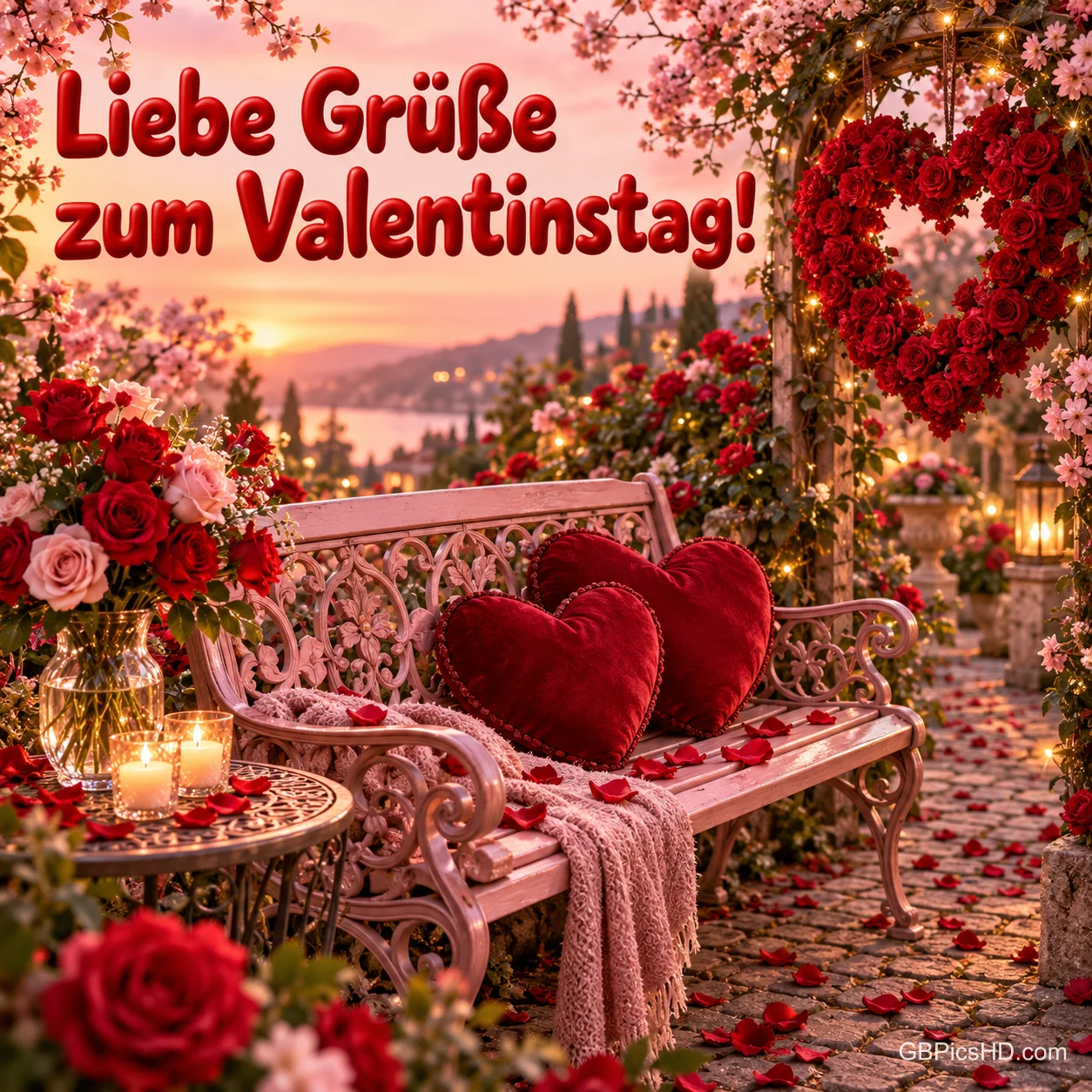 Eine Gartenbank mit Herzpolstern steht zwischen Rosen und Kerzen unter "Liebe Grüße zum Valentinstag!". Eine Gartenbank mit Herzpolstern steht zwischen Rosen und Kerzen unter "Liebe Grüße zum Valentinstag!".