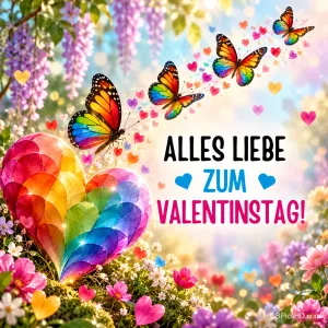 Bunte Regenbogen-Schmetterlinge fliegen über einem leuchtenden Herz aus Farben in einem Blumengarten, daneben steht "Alles Liebe zum Valentinstag!".