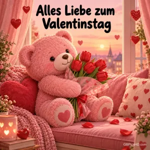 Ein rosa Teddybär sitzt mit einem Strauß roter Tulpen auf einem Sofa voller Herzkissen am Fenster, darüber "Alles Liebe zum Valentinstag".