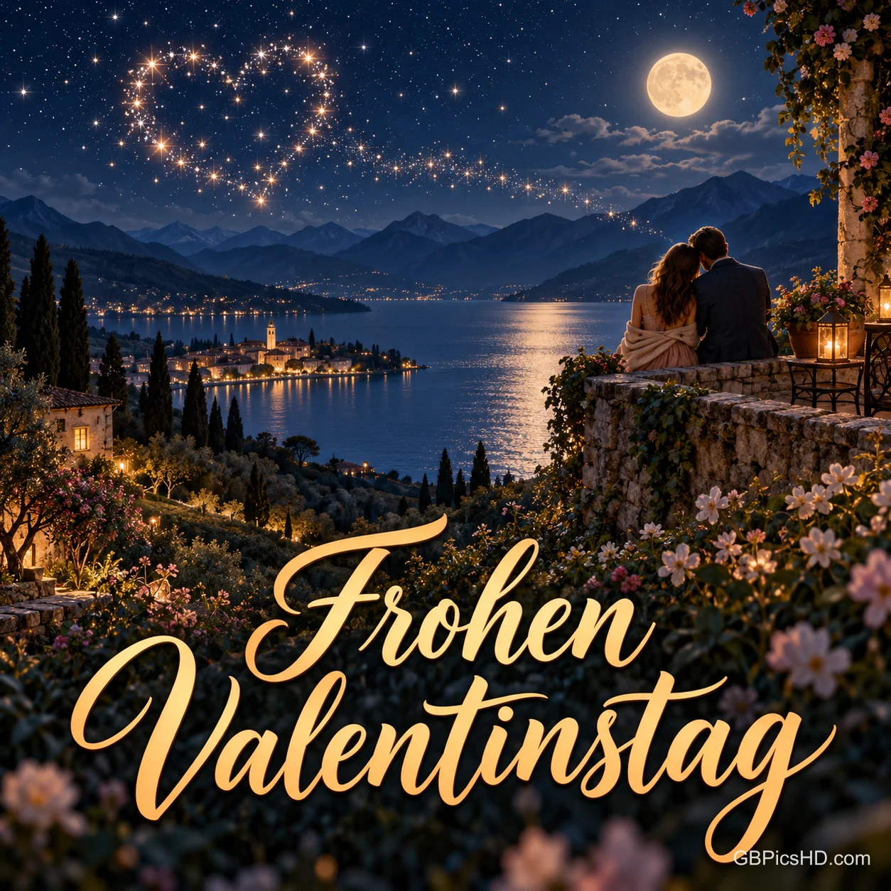 Ein Paar sitzt eng umschlungen auf einer Terrasse über dem nächtlichen See, am Himmel ein Herz aus Sternen und der Vollmond, dazu "Frohen Valentinstag". Ein Paar sitzt eng umschlungen auf einer Terrasse über dem nächtlichen See, am Himmel ein Herz aus Sternen und der Vollmond, dazu "Frohen Valentinstag".