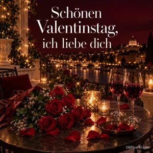 Zwei Gläser Rotwein, rote Rosen und Kerzen auf einem Balkontisch über einer nächtlich beleuchteten Stadt, dazu "Schönen Valentinstag, ich liebe dich".