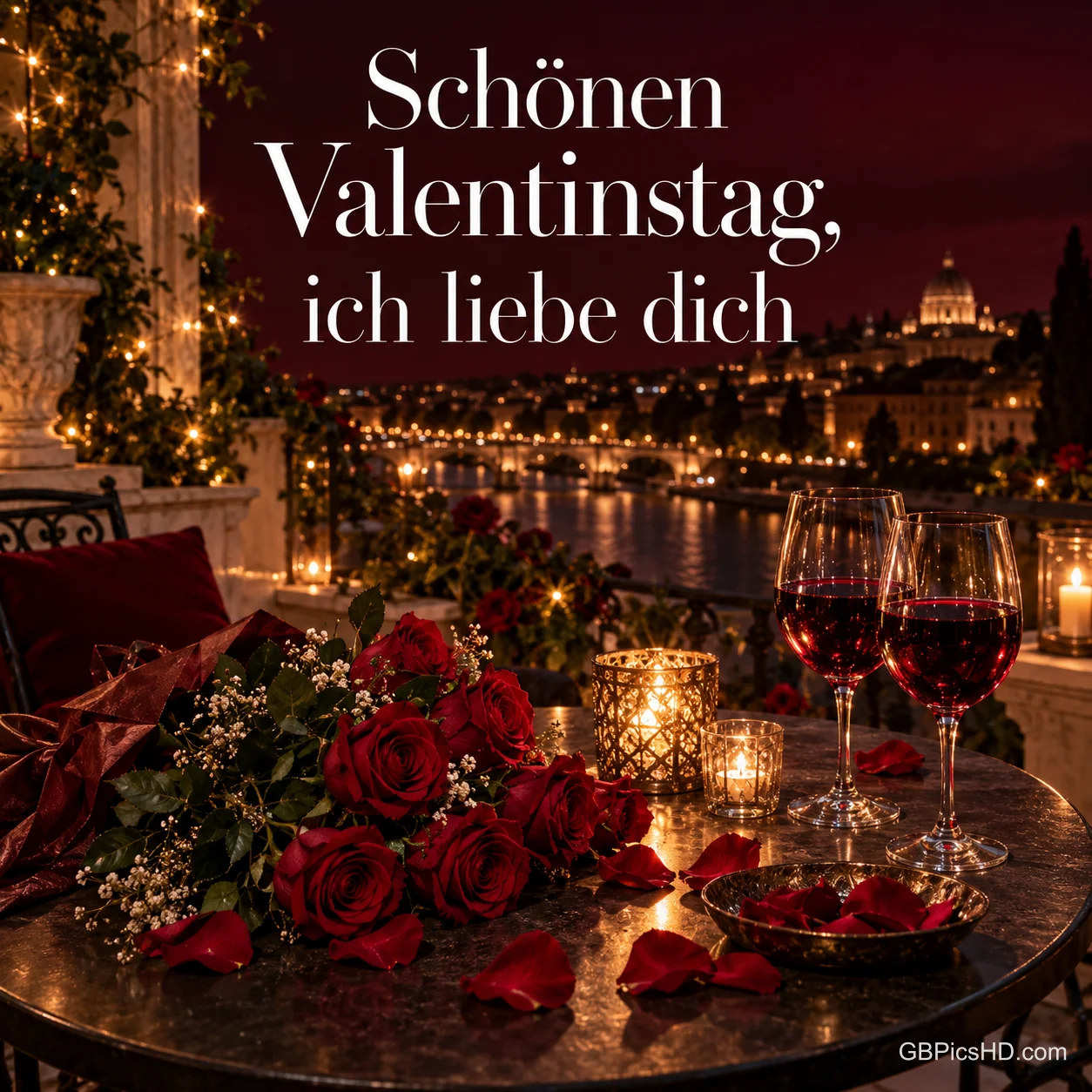 Zwei Gläser Rotwein, rote Rosen und Kerzen auf einem Balkontisch über einer nächtlich beleuchteten Stadt, dazu "Schönen Valentinstag, ich liebe dich". Zwei Gläser Rotwein, rote Rosen und Kerzen auf einem Balkontisch über einer nächtlich beleuchteten Stadt, dazu "Schönen Valentinstag, ich liebe dich".