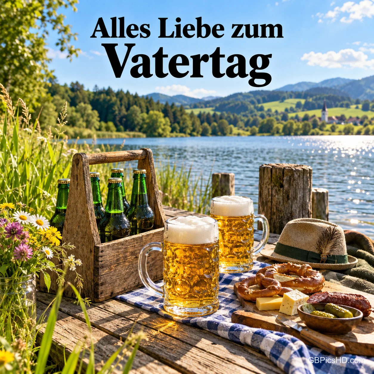 Ein Holzträger mit Bierflaschen, zwei volle Bierkrüge, Brezeln und Brotzeit auf einem Steg am See, darüber "Alles Liebe zum Vatertag". Ein Holzträger mit Bierflaschen, zwei volle Bierkrüge, Brezeln und Brotzeit auf einem Steg am See, darüber "Alles Liebe zum Vatertag".