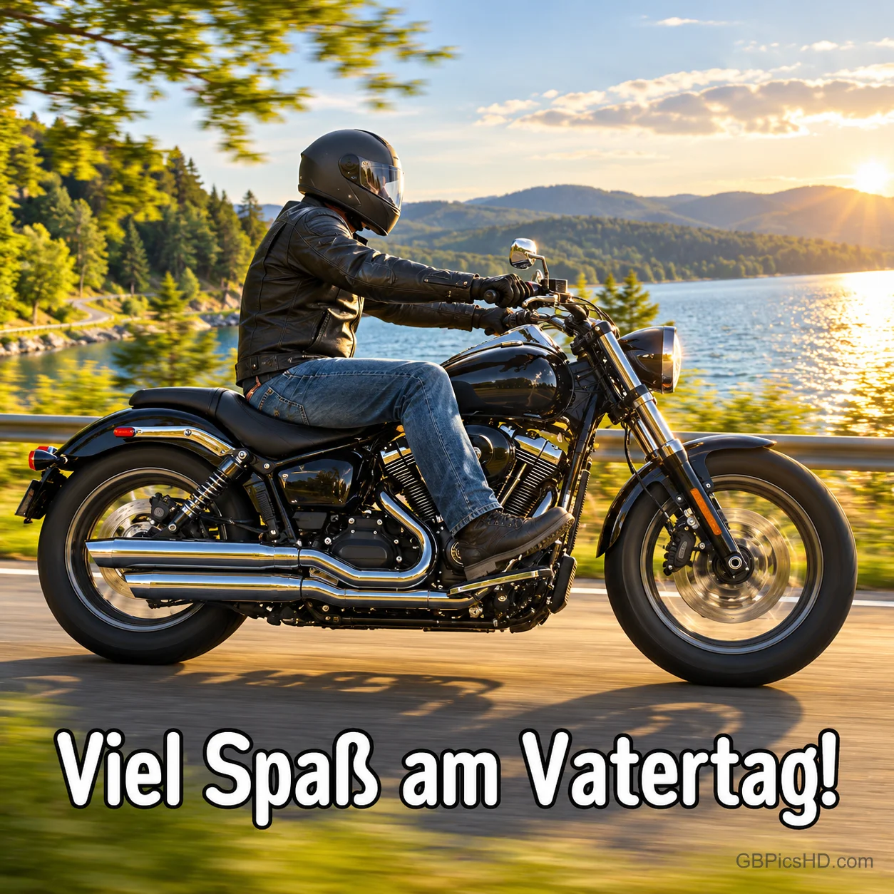 Ein Motorradfahrer mit Helm cruist auf einer sonnigen Landstraße am See entlang, Schrift "Viel Spaß am Vatertag!". Ein Motorradfahrer mit Helm cruist auf einer sonnigen Landstraße am See entlang, Schrift "Viel Spaß am Vatertag!".