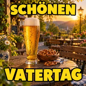 Ein großes Weizenbierglas mit Brezeln auf einem Tisch im sonnigen Biergarten, oben "SCHÖNEN" und unten "VATERTAG".