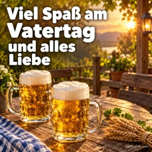 Zwei schäumende Bierkrüge mit Ähren auf einem Holztisch im abendlichen Biergarten, Gruß "Viel Spaß am Vatertag und alles Liebe".