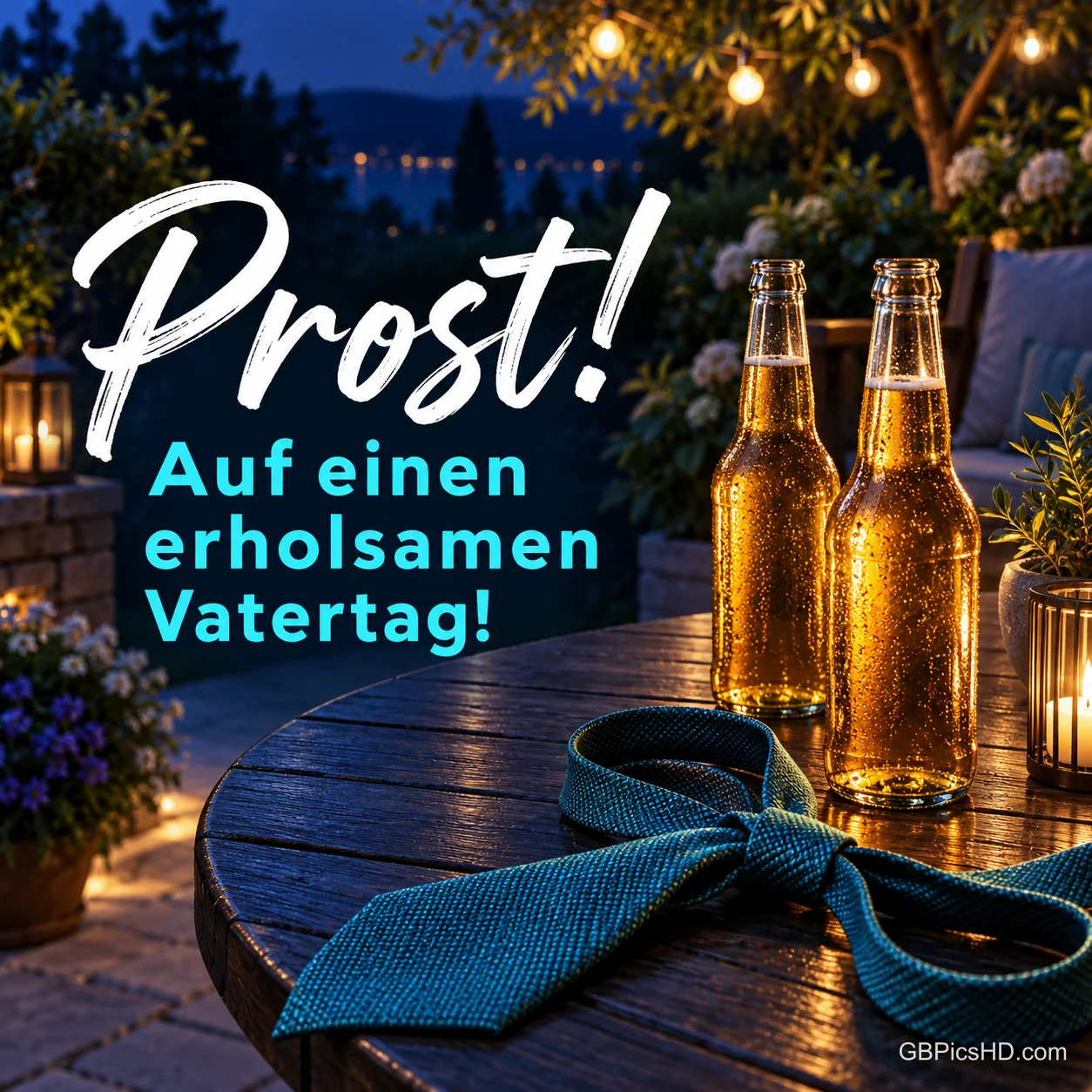 Zwei Bierflaschen und eine gelockerte Krawatte auf einem Holztisch bei Lichterketten am Abend, Schrift "Prost! Auf einen erholsamen Vatertag!". Zwei Bierflaschen und eine gelockerte Krawatte auf einem Holztisch bei Lichterketten am Abend, Schrift "Prost! Auf einen erholsamen Vatertag!".