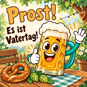 Ein lachender Comic-Bierkrug winkt neben einer Brezel und Hopfen im Garten, dazu "Prost! Es ist Vatertag!".