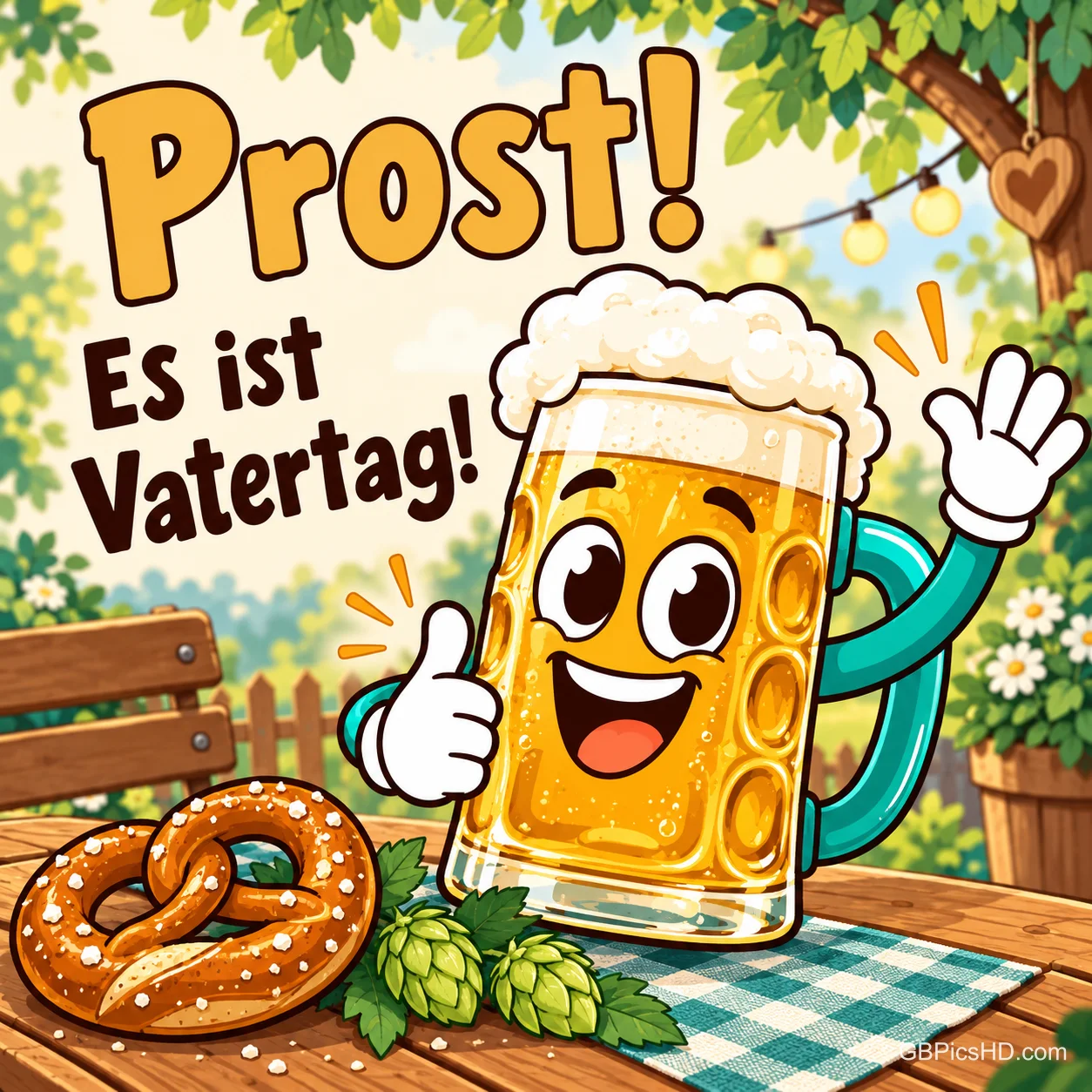 Ein lachender Comic-Bierkrug winkt neben einer Brezel und Hopfen im Garten, dazu "Prost! Es ist Vatertag!". Ein lachender Comic-Bierkrug winkt neben einer Brezel und Hopfen im Garten, dazu "Prost! Es ist Vatertag!".