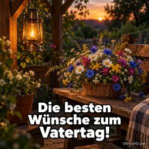 Ein Korb mit Wildblumen und eine leuchtende Laterne auf einer Holzbank bei Sonnenuntergang, Gruß "Die besten Wünsche zum Vatertag!".