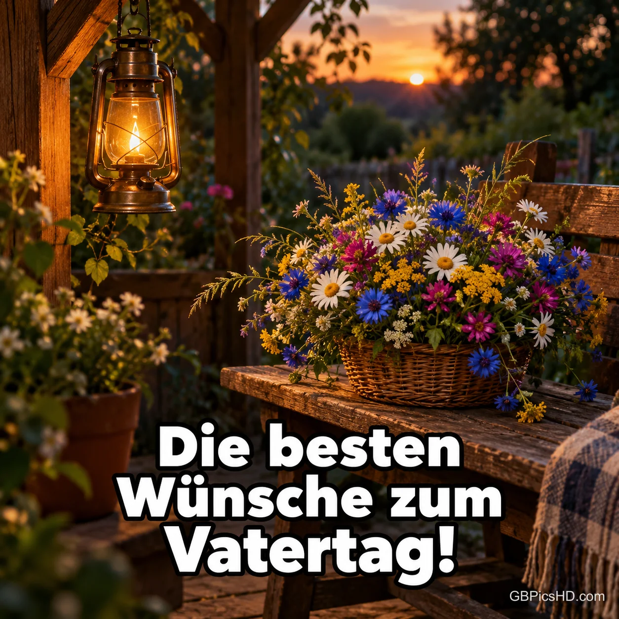 Ein Korb mit Wildblumen und eine leuchtende Laterne auf einer Holzbank bei Sonnenuntergang, Gruß "Die besten Wünsche zum Vatertag!". Ein Korb mit Wildblumen und eine leuchtende Laterne auf einer Holzbank bei Sonnenuntergang, Gruß "Die besten Wünsche zum Vatertag!".