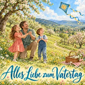 Ein Vater lässt mit zwei Kindern einen Drachen auf einer Blumenwiese steigen über "Alles Liebe zum Vatertag".