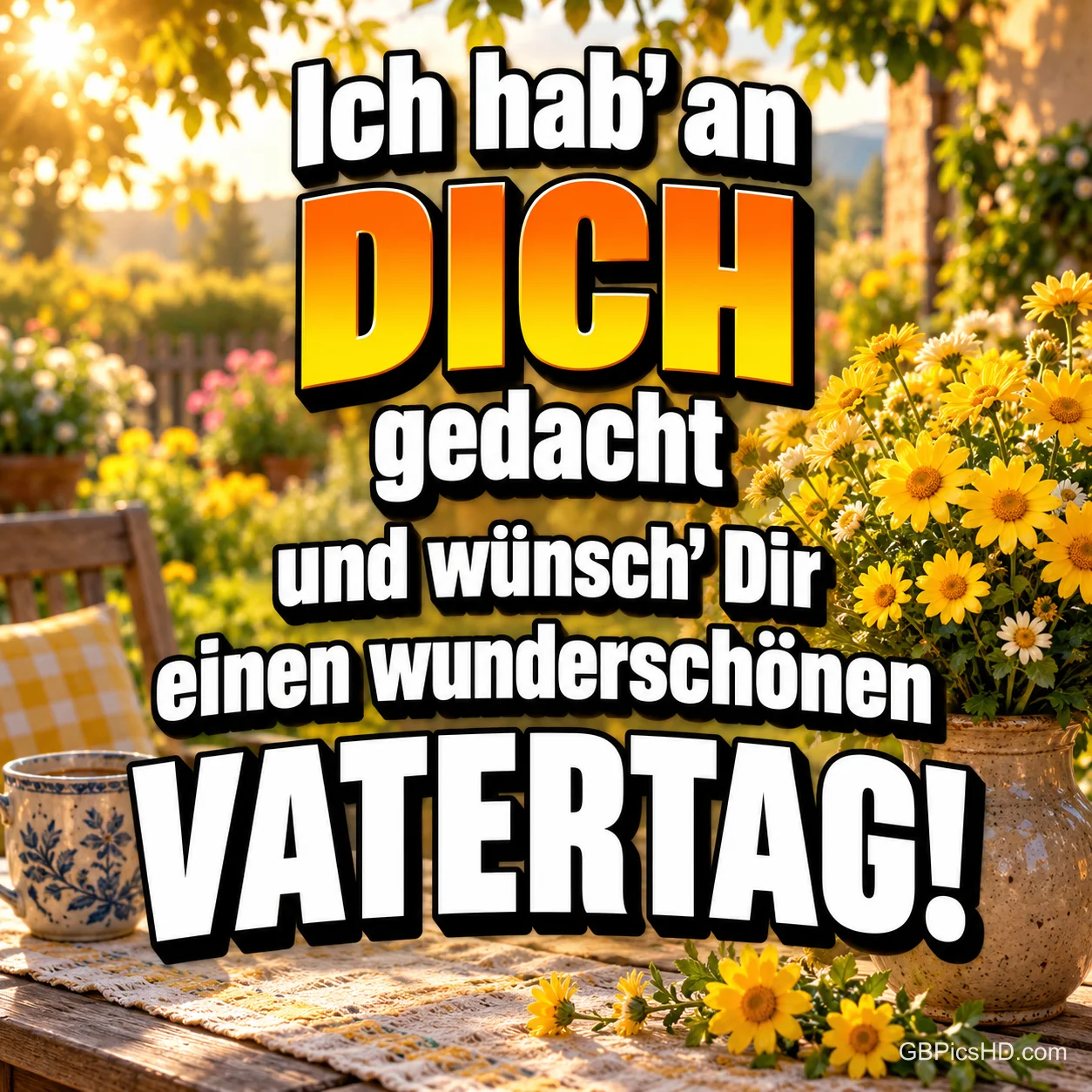 Gelbe Margeriten im sonnigen Garten mit großer bunter Schrift "Ich hab' an DICH gedacht und wünsch' Dir einen wunderschönen VATERTAG!". Gelbe Margeriten im sonnigen Garten mit großer bunter Schrift "Ich hab’ an DICH gedacht und wünsch’ Dir einen wunderschönen VATERTAG!".