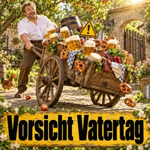 Ein Mann zieht einen mit Bier und Brezeln beladenen Handwagen über dem gelben Schild "Vorsicht Vatertag".