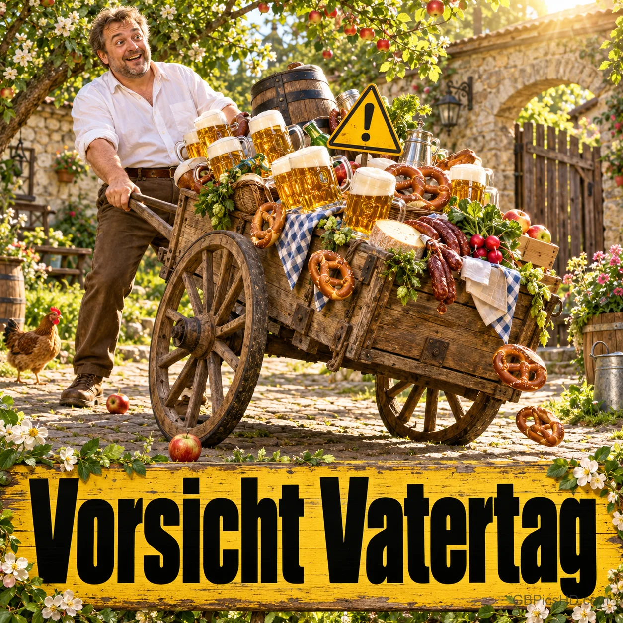 Ein Mann zieht einen mit Bier und Brezeln beladenen Handwagen über dem gelben Schild "Vorsicht Vatertag". Ein Mann zieht einen mit Bier und Brezeln beladenen Handwagen über dem gelben Schild "Vorsicht Vatertag".