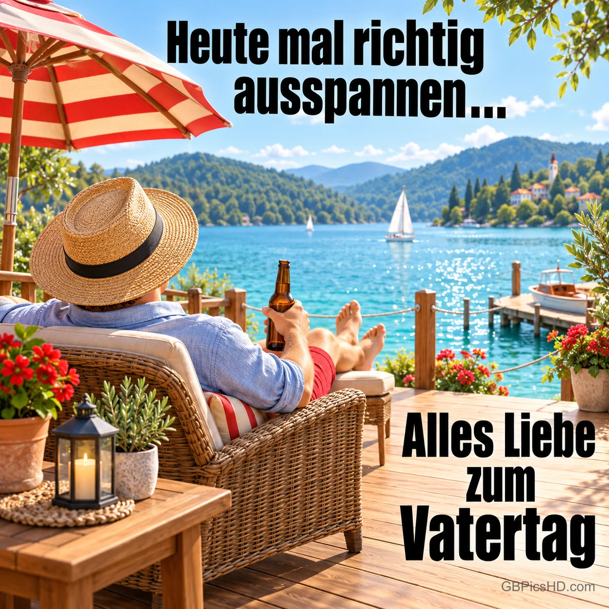 Ein Mann mit Strohhut entspannt mit einem Bier auf einer Seeterrasse, dazu der Text "Heute mal richtig ausspannen… Alles Liebe zum Vatertag". Ein Mann mit Strohhut entspannt mit einem Bier auf einer Seeterrasse, dazu der Text "Heute mal richtig ausspannen… Alles Liebe zum Vatertag".