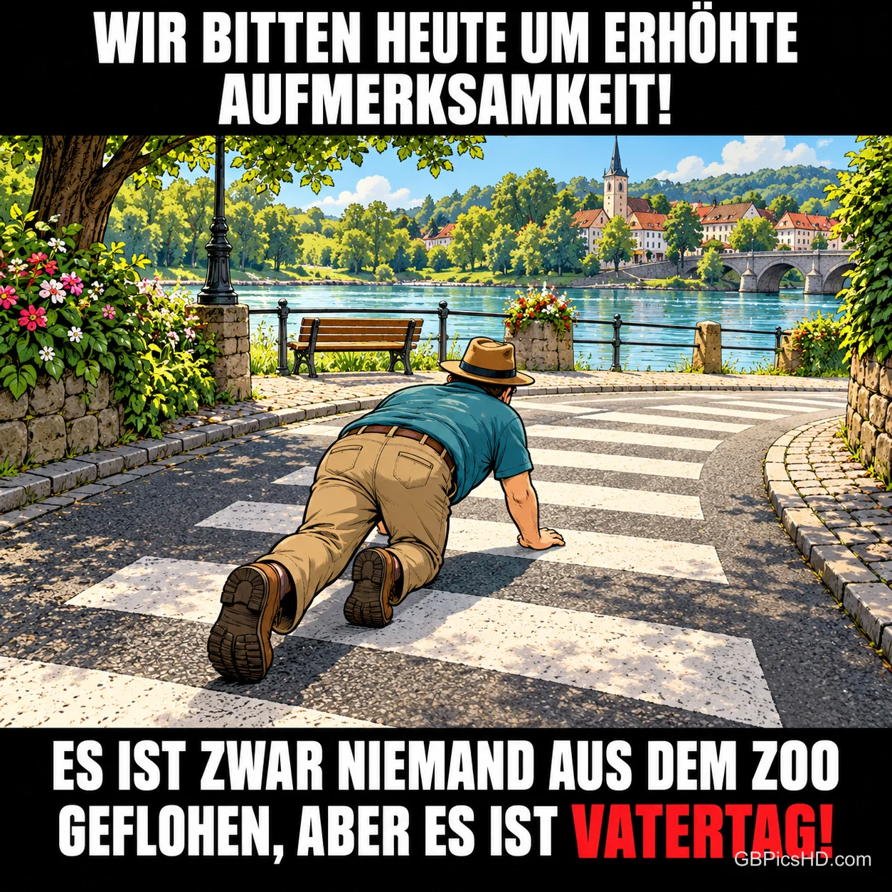 Ein Comic-Mann mit Hut krabbelt über einen Zebrastreifen am Fluss, dazu der Text "Es ist zwar niemand aus dem Zoo geflohen, aber es ist Vatertag!". Ein Comic-Mann mit Hut krabbelt über einen Zebrastreifen am Fluss, dazu der Text "Es ist zwar niemand aus dem Zoo geflohen, aber es ist Vatertag!".