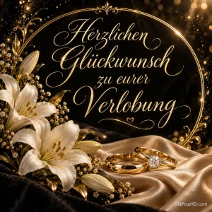 Weiße Lilien, zwei goldene Ringe auf Seidenstoff und ein goldener Zierrahmen vor dunklem Glitzerhintergrund, Schrift "Herzlichen Glückwunsch zu eurer Verlobung"