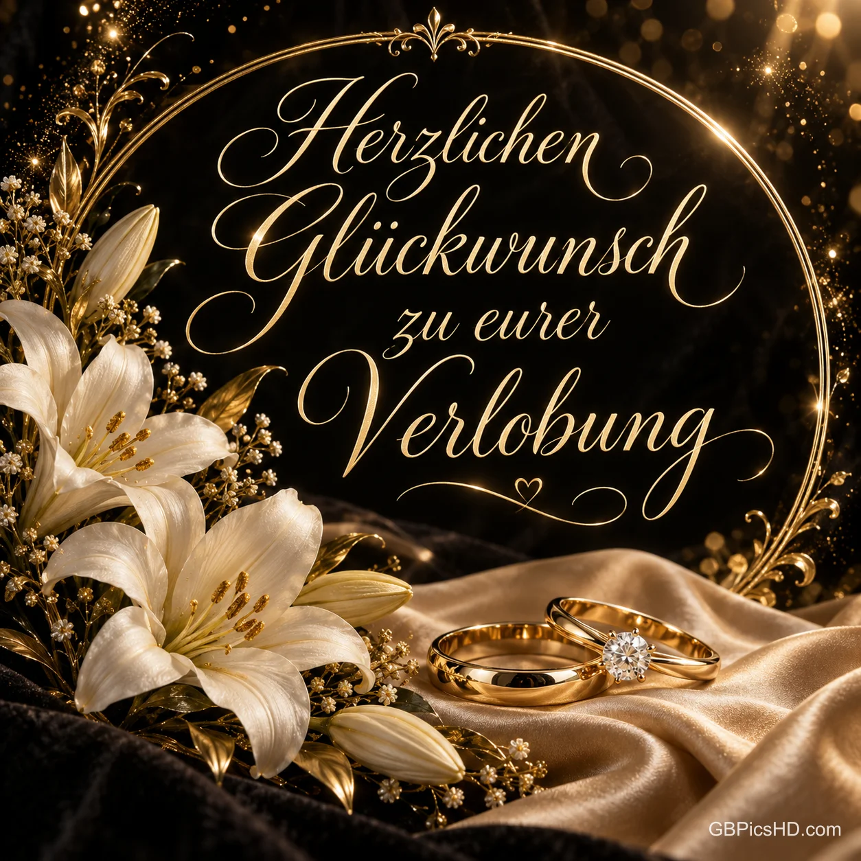 Weiße Lilien, zwei goldene Ringe auf Seidenstoff und ein goldener Zierrahmen vor dunklem Glitzerhintergrund, Schrift "Herzlichen Glückwunsch zu eurer Verlobung" Weiße Lilien, zwei goldene Ringe auf Seidenstoff und ein goldener Zierrahmen vor dunklem Glitzerhintergrund, Schrift "Herzlichen Glückwunsch zu eurer Verlobung"