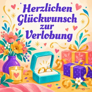 Bunte Illustration mit Ringkästchen, Geschenken, Blumenvase und Kerze, darüber lila Schrift "Herzlichen Glückwunsch zur Verlobung"