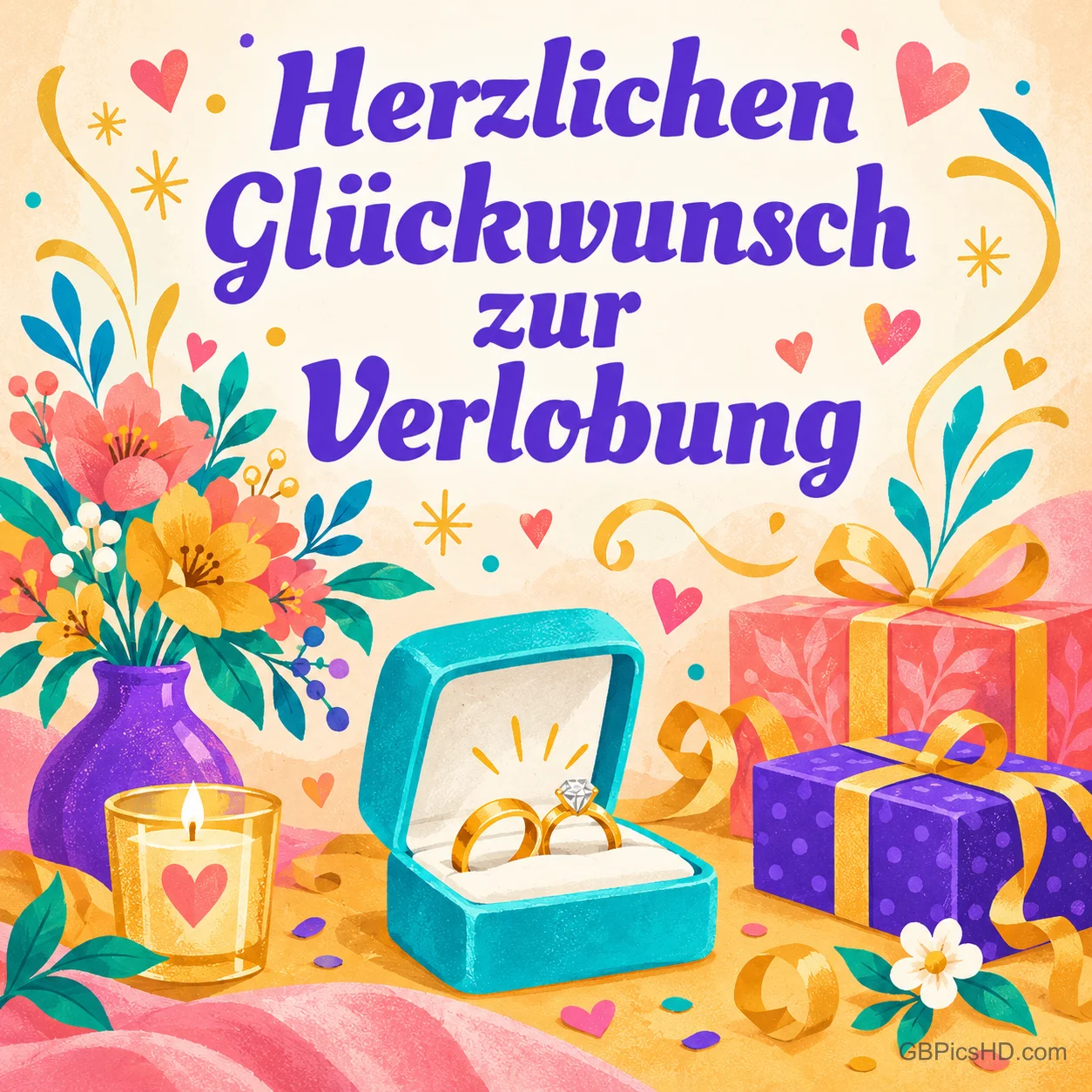 Bunte Illustration mit Ringkästchen, Geschenken, Blumenvase und Kerze, darüber lila Schrift "Herzlichen Glückwunsch zur Verlobung" Bunte Illustration mit Ringkästchen, Geschenken, Blumenvase und Kerze, darüber lila Schrift "Herzlichen Glückwunsch zur Verlobung"