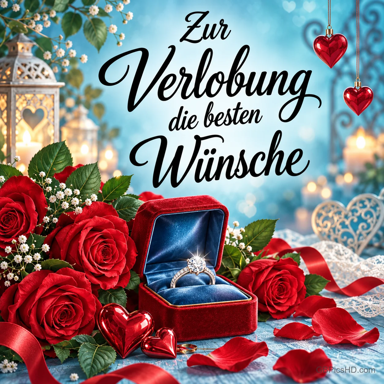 Verlobungsring im roten Samtkästchen zwischen roten Rosen, Herzen und Laternen, Schrift "Zur Verlobung die besten Wünsche" Verlobungsring im roten Samtkästchen zwischen roten Rosen, Herzen und Laternen, Schrift "Zur Verlobung die besten Wünsche"