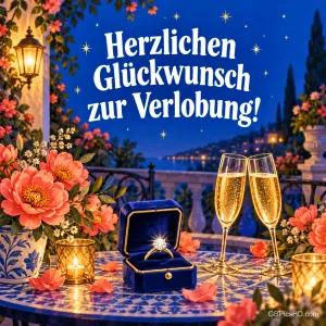 Ringkästchen und zwei Sektgläser auf einem Mosaiktisch auf einer Terrasse am Meer bei Nacht, Schrift "Herzlichen Glückwunsch zur Verlobung!"