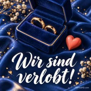Zwei goldene Ringe in einem blauen Samtkästchen mit rotem Herz und Schleierkraut, Schrift "Wir sind verlobt!"